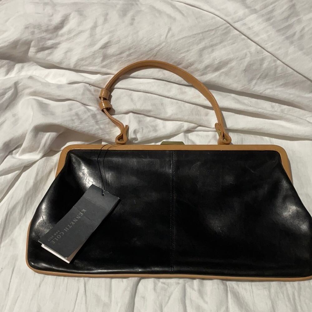 Kenneth cole black leather tan accents handbag nwt